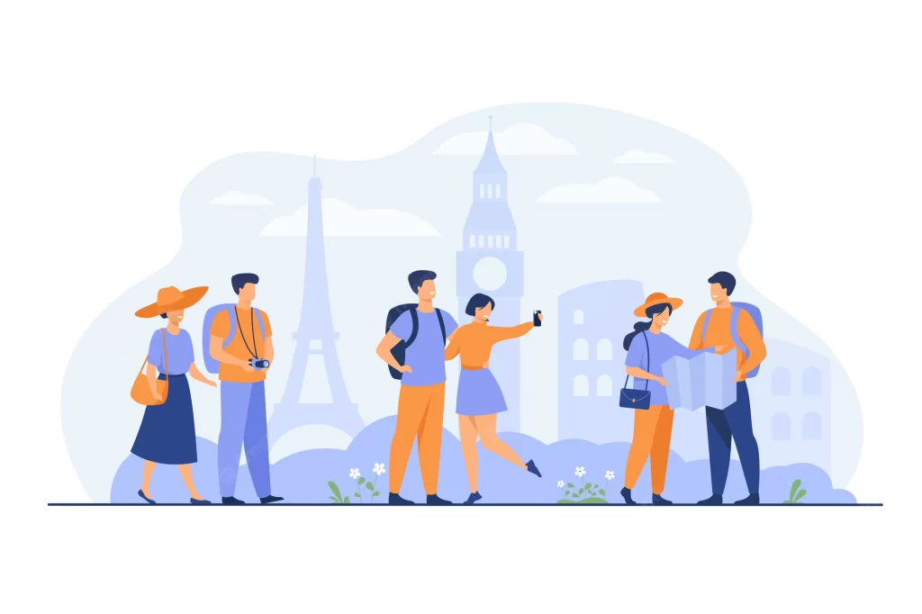 happy couples traveling europe taking photo isolated flat vector illustration cartoon group people with backpack camera map vacation tourism concept 74855 13105