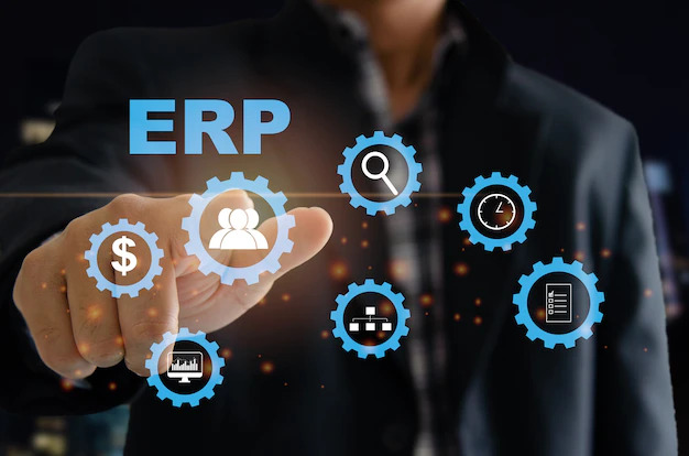 enterprise resource planning erp software system business resource plans man s hand touches erp word virtual screen 55997 2008